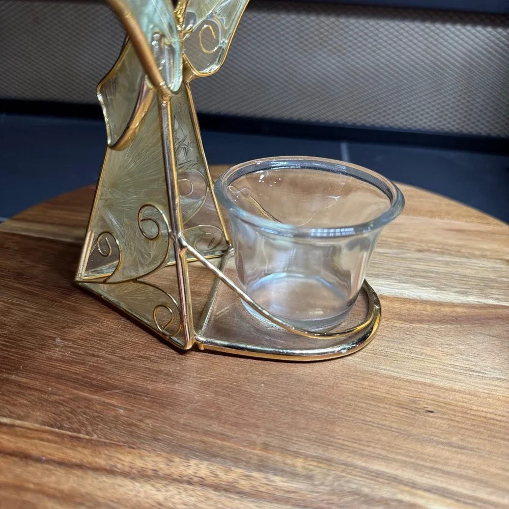 Vintage Gold Tone Wire Angel Votive Candle Holder Iridescent Glass 5.25 Inch